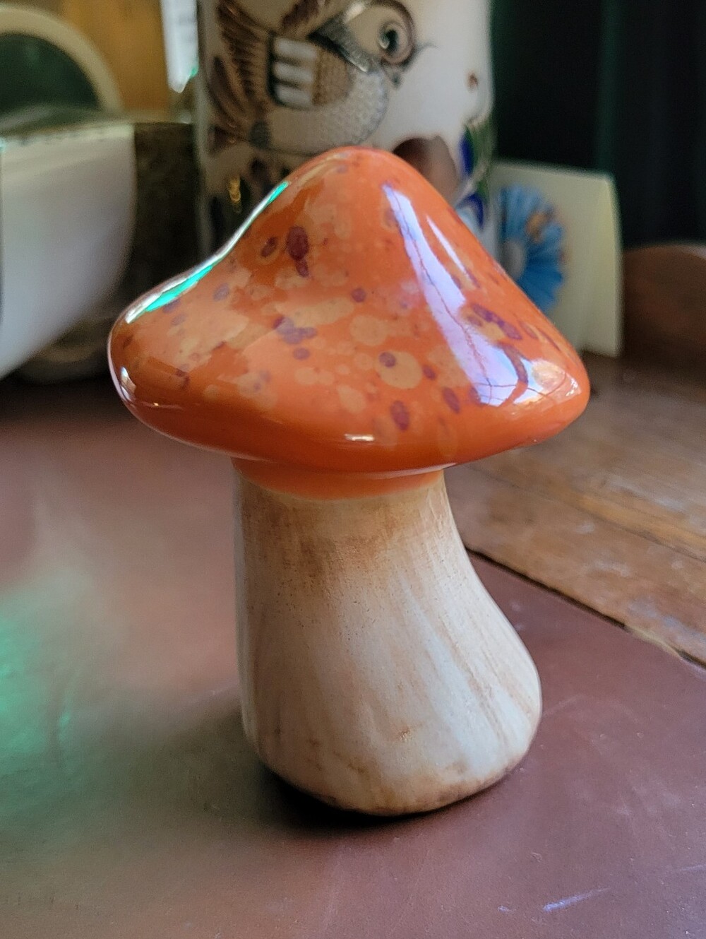 Vintage Style Ceramic Mushroom Figurine Orange Glossy Glaze Cottagecore Decor